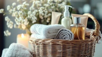 A neatly arranged hamper basket containing self-care products like lotions, towels, and scented candles for gifting
