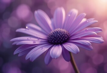 Fototapeta premium close-up of a delicate purple daisy flower with morning dew drops sparkling softly in natural light