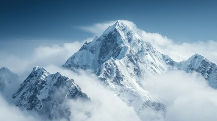 A fearsome mountain peak rises above the clouds with jagged ice-covered cliffs and strong winds whipping across the summit