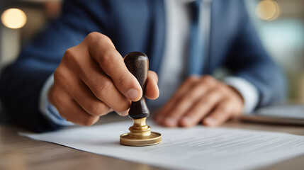 Professional business documentation: Businessman stamping document for official approval corporate documentation process business validation procedures formal approval systems