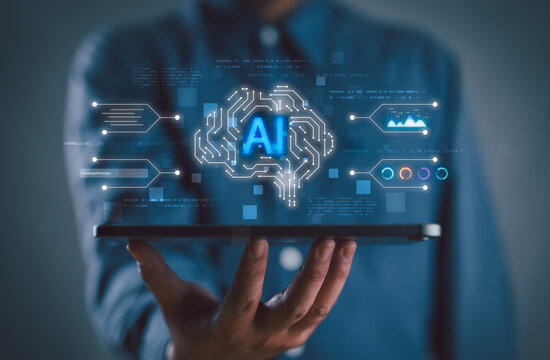 AI technology or Artificial Intelligence. Man using technology smart cloud AI by enter command prompt for generates result, Futuristic technology transformation. Chat with AI. New disruptive trends. - Powered by Adobe
