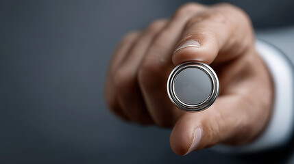 Precision in Hand: A close-up shot showcases a hand delicately holding a single, button battery, a symbol of power and intricate technology, demonstrating careful handling and presenting its sleek.