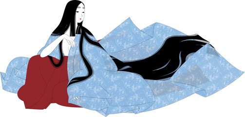 日本の伝統民族衣装。薄衣の袿姿の女性のイラスト。