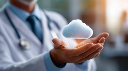 Healthcare cloud computing: Doctor utilizing cloud technology for medical data management digital health records security secure cloud storage solutions telemedicine