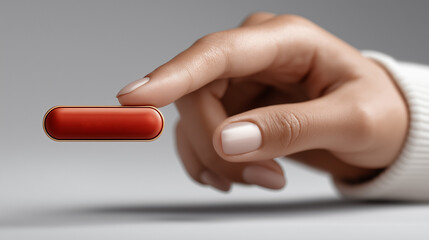 Pill between fingers: a close-up shot of a hand gently holding a red capsule pill, emphasizing the interaction with medication.