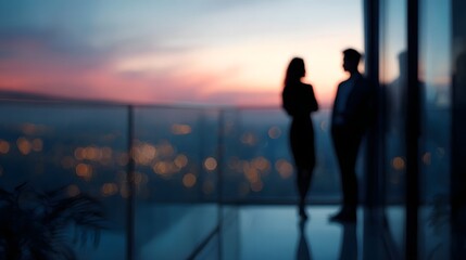 Silhouettes of a business couple converse on a luxury balcony overlooking a city skyline at twilight with vibrant sunset colors in the sky