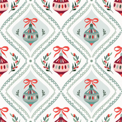 Christmas coquette seamless pattern, Victorian wallpaper with Christmas balls and bows, retro style background