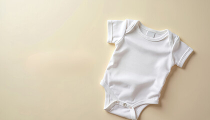 Simple white baby onesie lies on a light cream background. This clothing item is a fundamental part of a newborns attire, suggesting preparation for a new arrival.