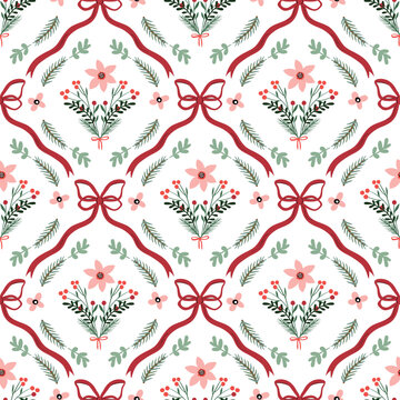  Christmas vintage seamless pattern with floral bouquets and coquette ribbons, elegant floral  wallpaper, holiday background