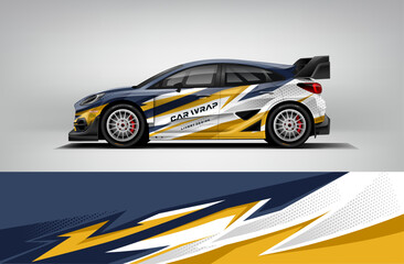 Obraz premium Vector car wrap livery design in blue and yellow editable EPS racing graphic for sedan or hatchback vehicle
