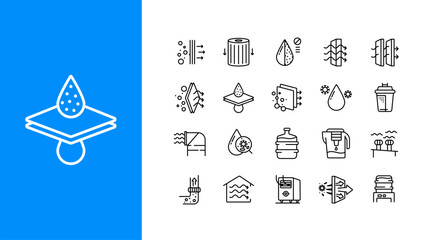 Water and air filter icon set. Collection of thin line icons including filtration systems, purification, clean water, air ducts, and filter cartridges. Outline vector illustration