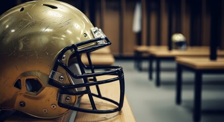 Closeup of a golden american football helmet in a locker room, ready for the next game, highlighting preparation and focus