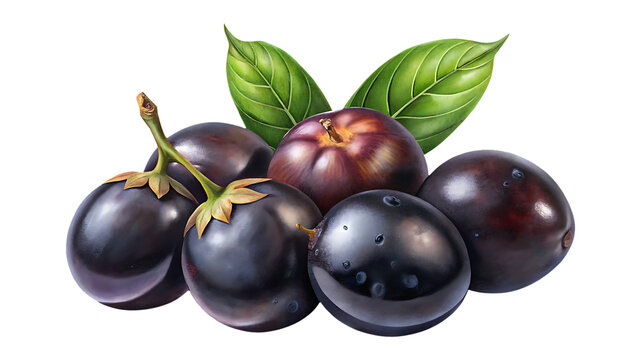 A beautiful vibrant still life of ripe Java plums with green leaves