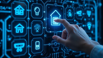 Hand interacting with futuristic digital interface displaying smart home automation controls and