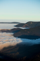 Beautiful mountain landscape, light over peaks and valleys, natural scenery, calm atmosphere and wild nature