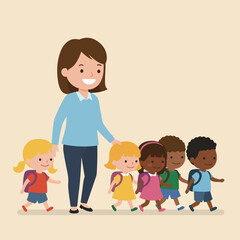 A smiling adult leads a diverse group of children, all with backpacks, on a walk