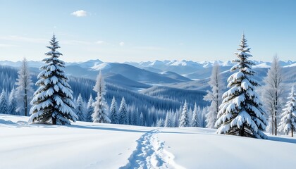 Expansive snow covered pine forest with distant mountain range under clear blue sky