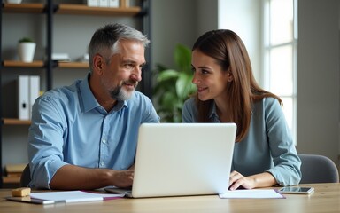 Obraz premium Mature mentor man and European leader woman discussing project on laptop in office. Two diverse partners, colleagues, team of confident professional business people work together. Banner, copy space