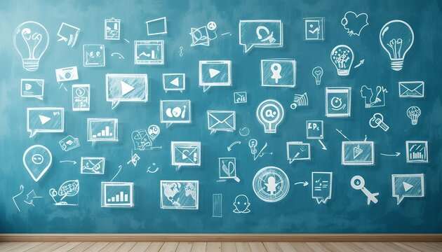 Abstract conceptual illustration of interconnected digital symbols on blue background representing