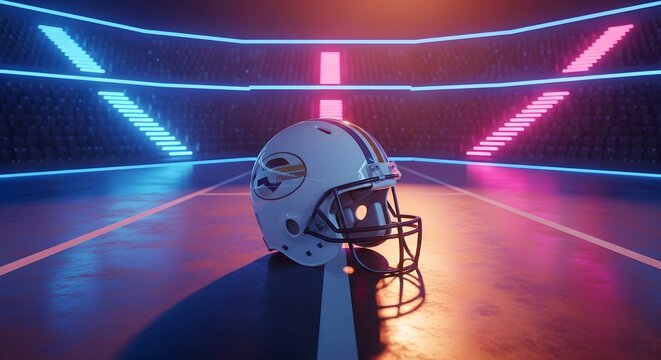 A white american football helmet sits on a dark surface with neon blue and pink lights