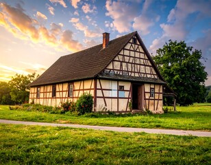 Charming Half-Timbered House in Rural Landscape at Sunset.