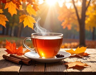 Hot Tea with Cinnamon and Autumn Leaves.A cozy still-life composition of a steaming cup of hot tea with cinnamon sticks, surrounded by colorful autumn leaves, creating a warm and relaxing seasonal atm