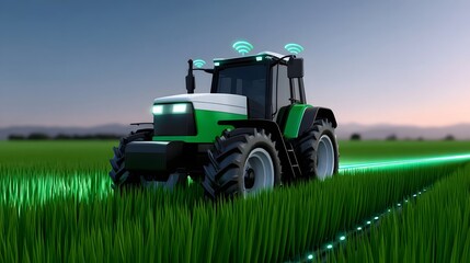 Fototapeta premium A modern, technology-equipped agricultural tractor operating in a verdant field, showcasing the integ n of innovative solutions for improved farming efficiency and productivity.