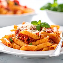 Delicious Penne Pasta Dish with Tomato Sauce and Fresh Basil Topping.