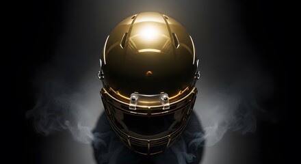 A gleaming gold american football helmet is centered in a smoky, dark, dramatic setting