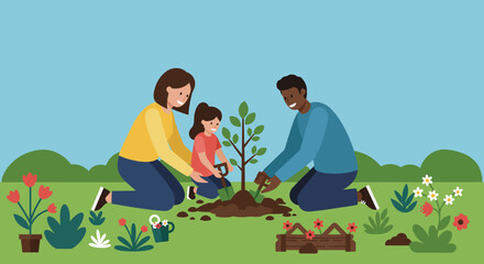A family plants a tree together in a garden setting, with flowers, grass, and a clear blue sky in the background.