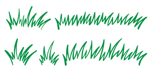 Cartoon grass and bushes. Vector doodle outline meadow illustration. Green simple hand-drawn plants isolated on white background. Sketch of nature lawn
