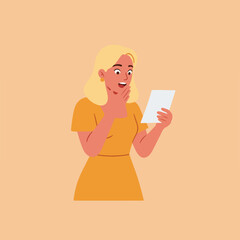 Young woman in yellow dress reacts with surprise to a piece of paper