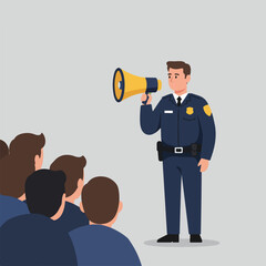 Officer addressing a crowd through a megaphone