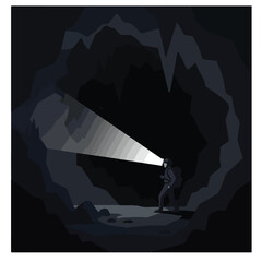 Explorer shines light into dark cave interior