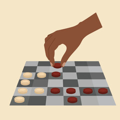 Hand moving a red checker piece on a checkered board