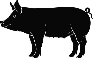 Pig, sow, silhouette, farm animal, livestock, agriculture, black and white, vector, profile, curled tail, rural, domestic, mammal, pork, breeding, anatomy, illustration, educational, design, icon