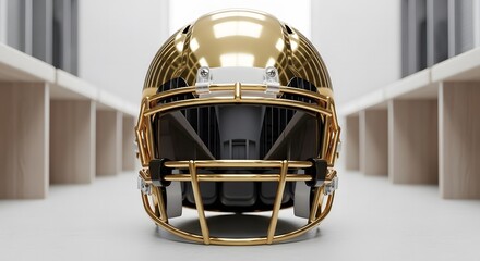Golden american football helmet in a locker room
