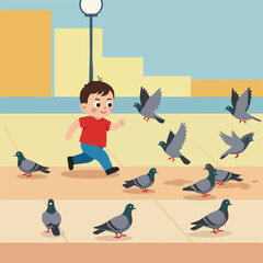 A child playfully runs toward pigeons gathered on a paved sidewalk