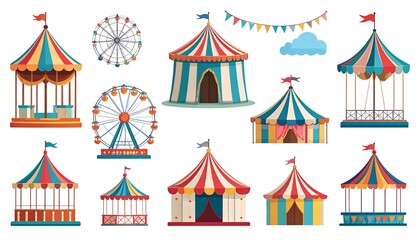 Fototapeta premium Vector illustration of various carnival tents and a Ferris wheel
