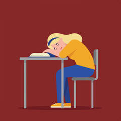 Exhausted student sleeps on an open book at a desk