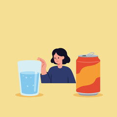 Woman hesitates between water and sugary drink