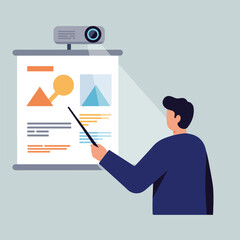 A presenter points at a projected presentation with charts and text