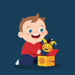 Joyful child playing with a classic jack-in-the-box toy