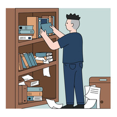 A person organizing a bookshelf with scattered papers on the floor