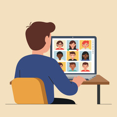 Person at desk viewing multiple video calls on laptop screen with diverse faces