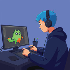 Person wearing headphones creating digital art of a cute cartoon creature on computer
