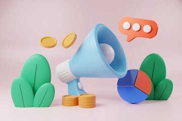 Megaphone with coins and circle chart for business advertising concept 3D rendering.