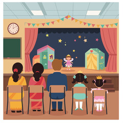 Children watch a fairy princess perform on a stage decorated with stars and colorful houses