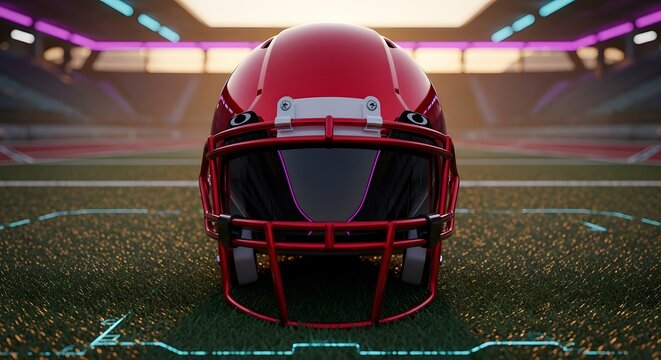 A red football helmet sits on a futuristic sports field under stadium lights - Powered by Adobe