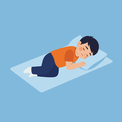 A young boy is sleeping peacefully on a pillow, dressed in casual clothing